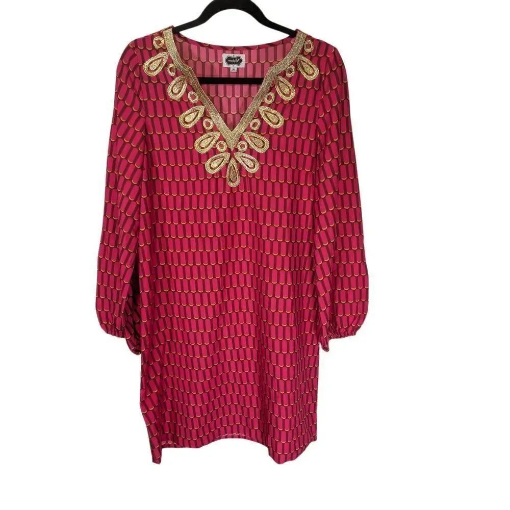 Mud Pie Gold Embroider Cleopatra Tunic Shirt Dress Swim Cover Up Pink Art Deco S